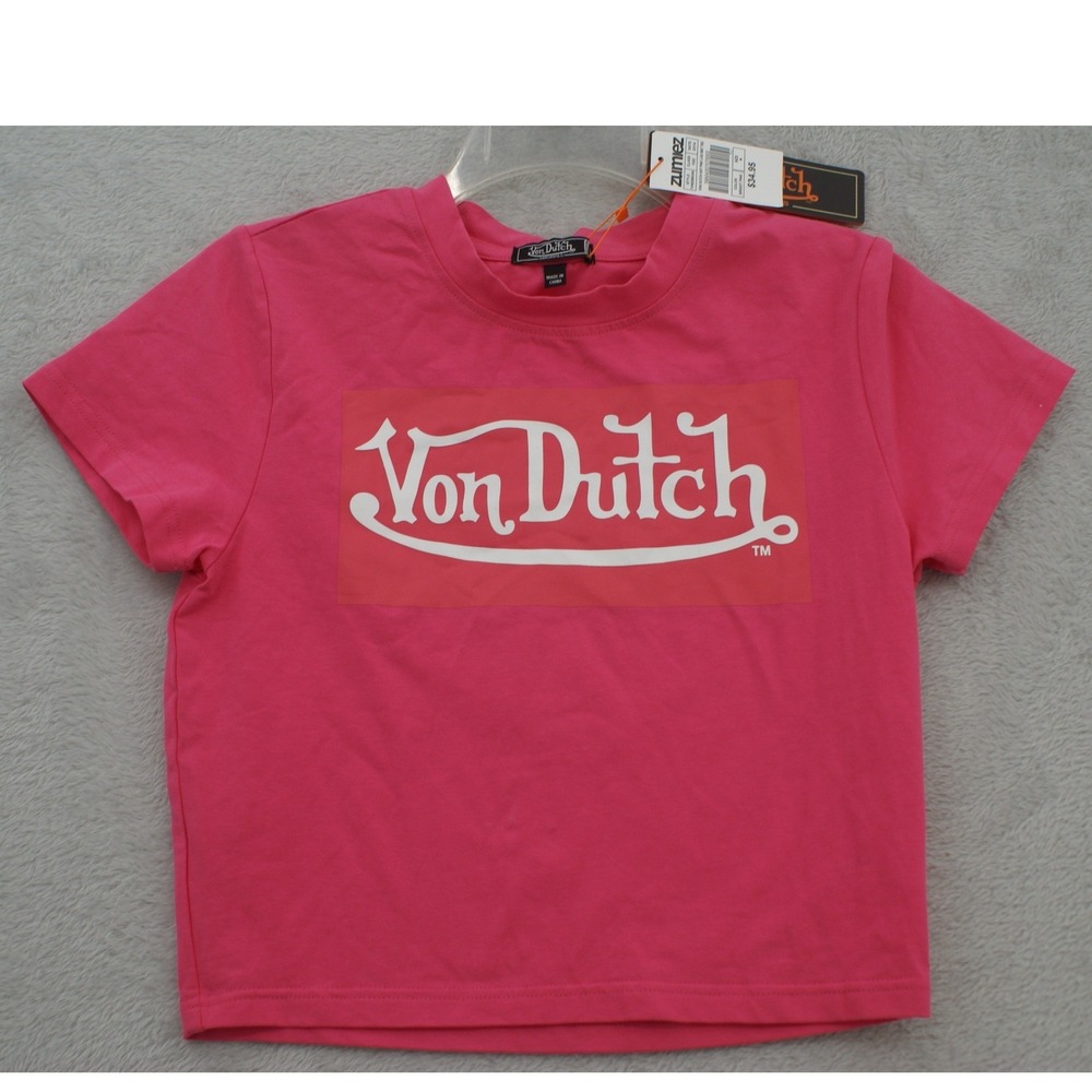 Von Dutch Hot Pink Box Logo Baby Tee Crop Top Short‎ Sleeve Medium NEW